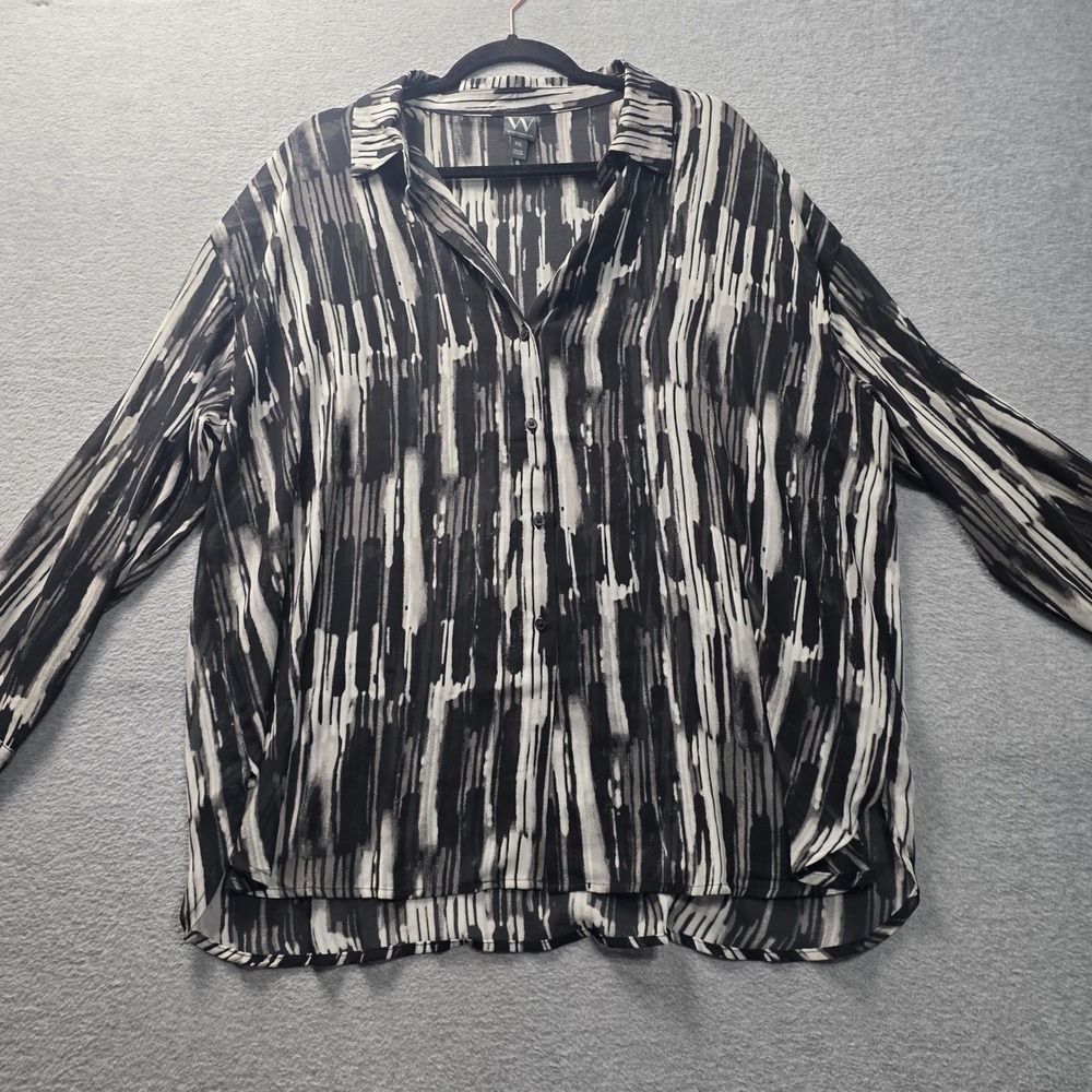 Button Front Blouse Career Top Womens XXL Black White Abstract Worthington